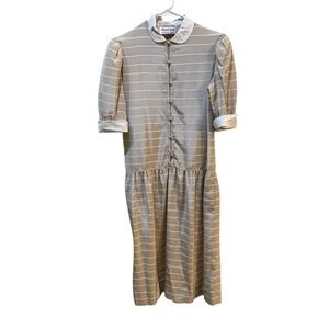 VTG Albert Nipon Dress Womens Drop Waist Beige Puff Sleeves Satin Striped Size 8